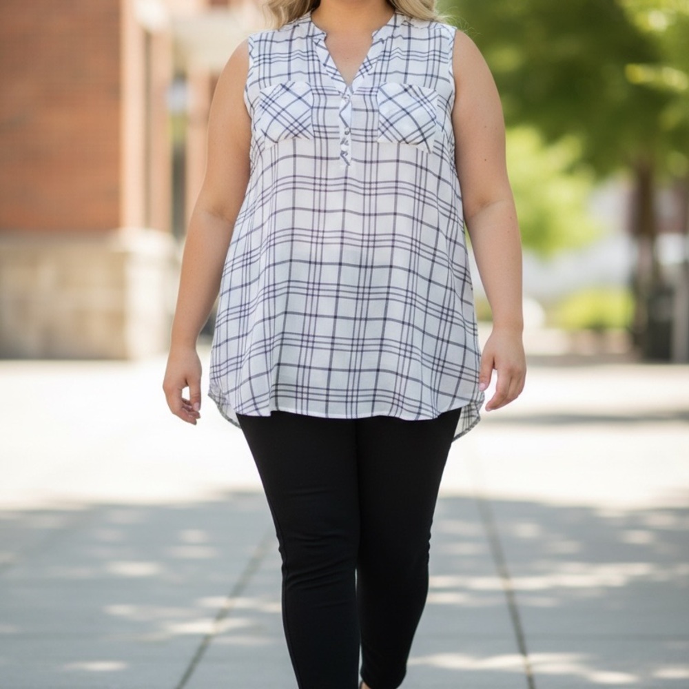 Torrid Harper Plaid Sleeveless Hi-Low Tunic Top Pockets Black White Size 2 (2X)